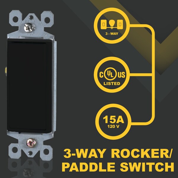 3-Way Decorator Paddle Wall Light Switch, 15A 120/277V, On/Off Rocker, Black, 10PK